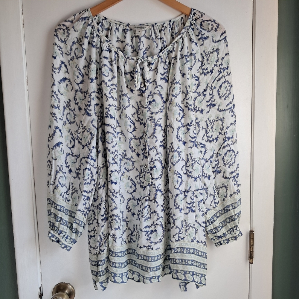 Luxky Brand White And Blue Boho Long Sleeve Peasant Top 1x